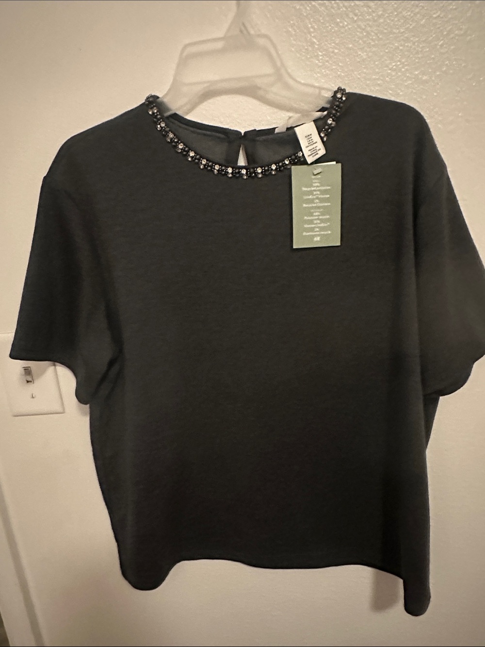 H&M Black Short Sleeve Top with Beaded Crewneck